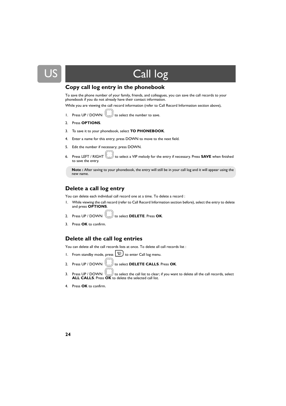 Copy call log entry in the phonebook, Delete a call log entry, Delete all the call log entries | Call log | Philips VOIP4332B-37 User Manual | Page 24 / 48