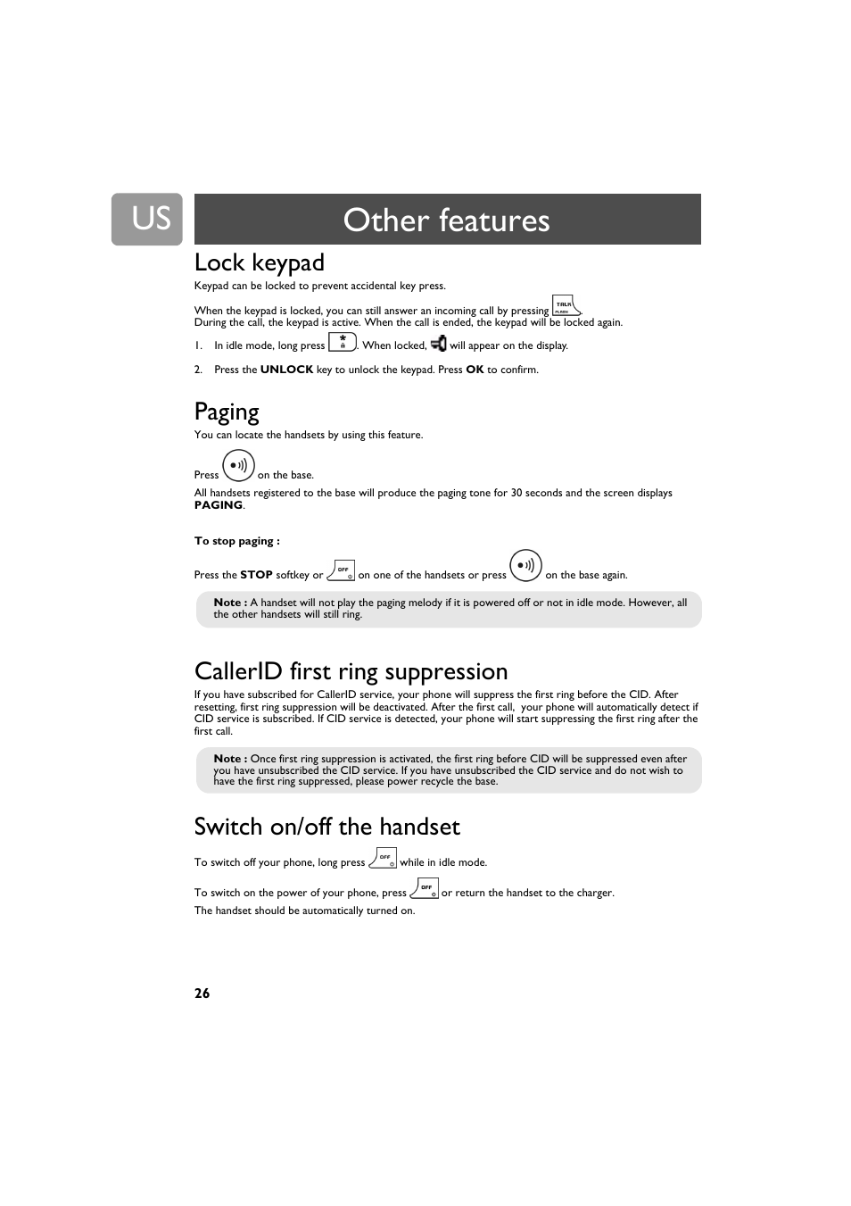 Other features, Lock keypad, Paging | Callerid first ring suppression, Switch on/off the handset | Philips VOIP4332B-37 User Manual | Page 26 / 48