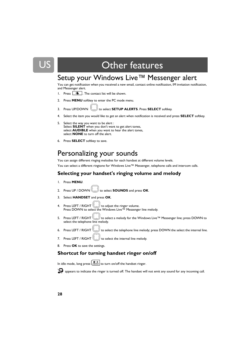 Setup your windows live™ messenger alert, Personalizing your sounds, Selecting your handset's ringing volume and melody | Shortcut for turning handset ringer on/off, Other features | Philips VOIP4332B-37 User Manual | Page 28 / 48