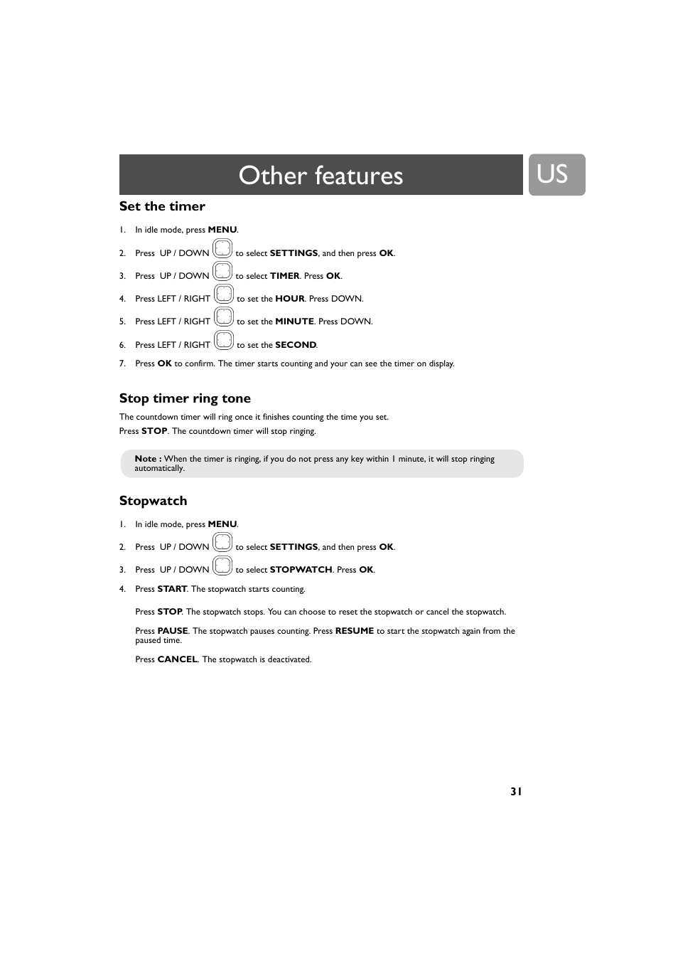 Set the timer, Stop timer ring tone, Stopwatch | Other features | Philips VOIP4332B-37 User Manual | Page 31 / 48