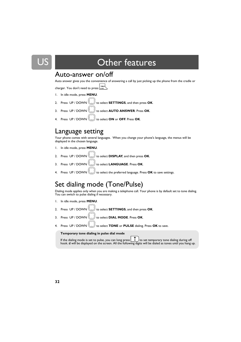 Auto-answer on/off, Language setting, Set dialing mode (tone/pulse) | Other features | Philips VOIP4332B-37 User Manual | Page 32 / 48