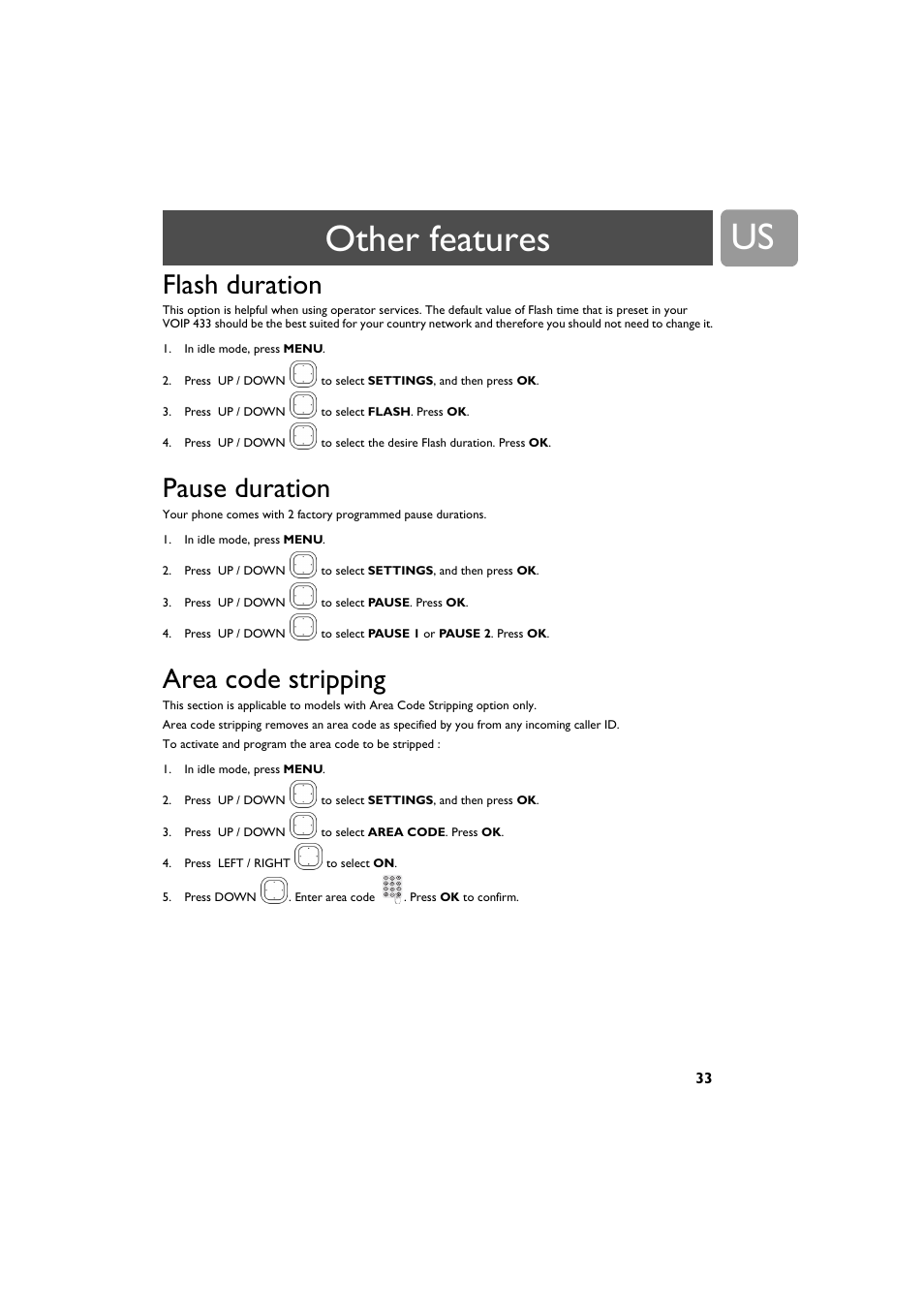 Flash duration, Pause duration, Area code stripping | Other features | Philips VOIP4332B-37 User Manual | Page 33 / 48