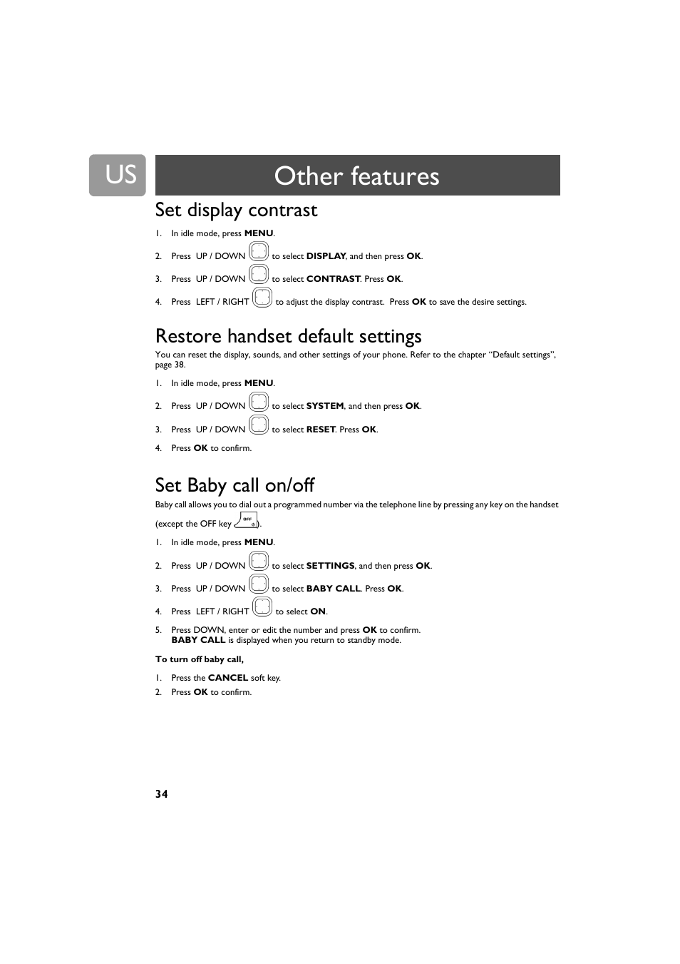 Set display contrast, Restore handset default settings, Set baby call on/off | Other features | Philips VOIP4332B-37 User Manual | Page 34 / 48