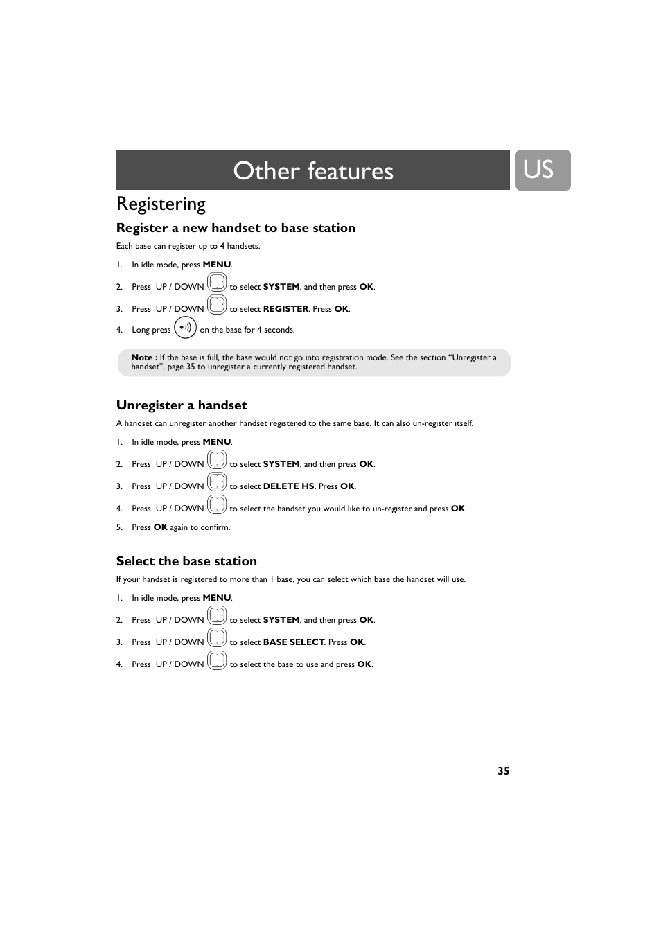 Registering, Register a new handset to base station, Unregister a handset | Select the base station, Other features | Philips VOIP4332B-37 User Manual | Page 35 / 48