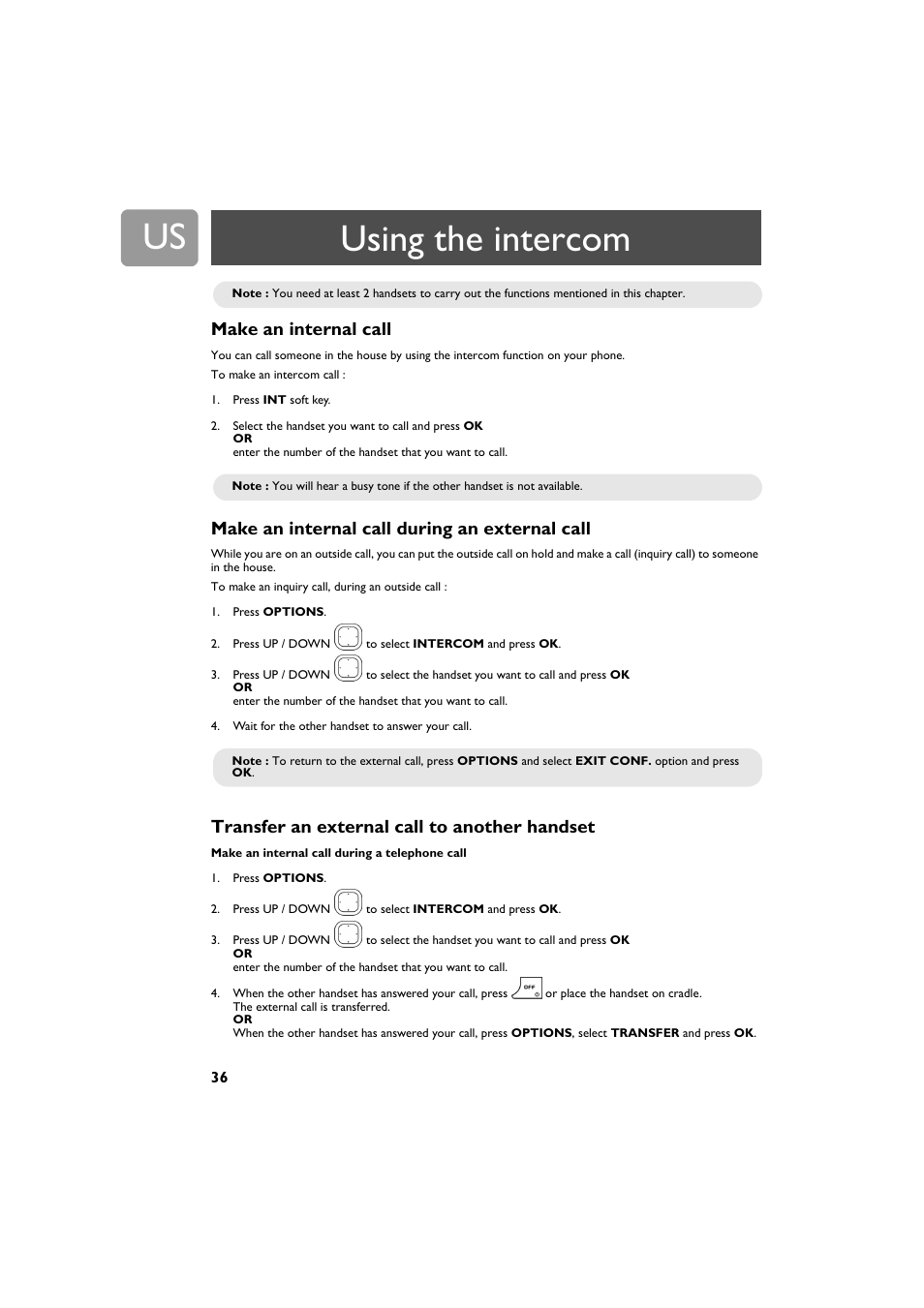 Using the intercom, Make an internal call, Make an internal call during an external call | Transfer an external call to another handset | Philips VOIP4332B-37 User Manual | Page 36 / 48