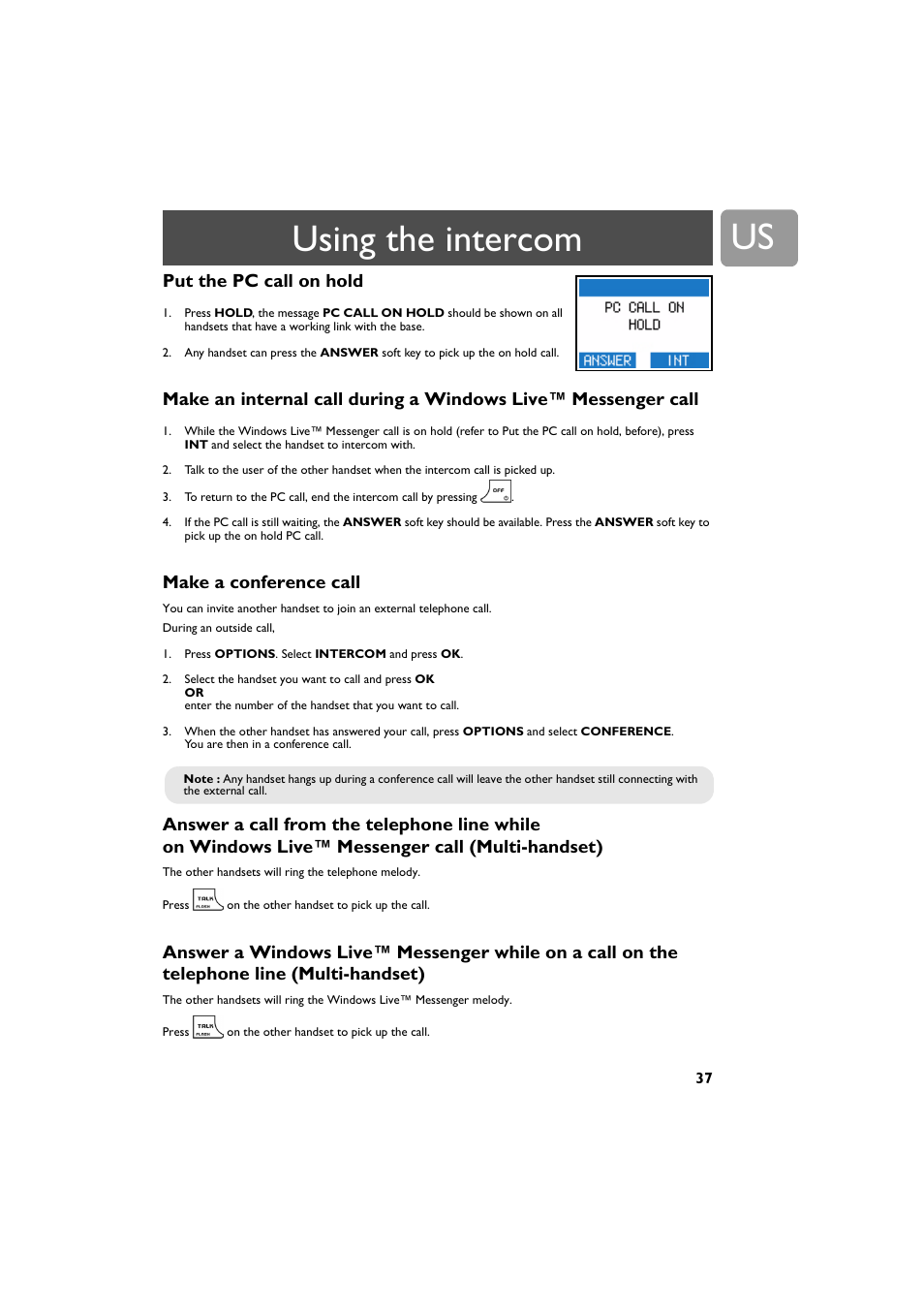 Put the pc call on hold, Make a conference call, Using the intercom | Philips VOIP4332B-37 User Manual | Page 37 / 48