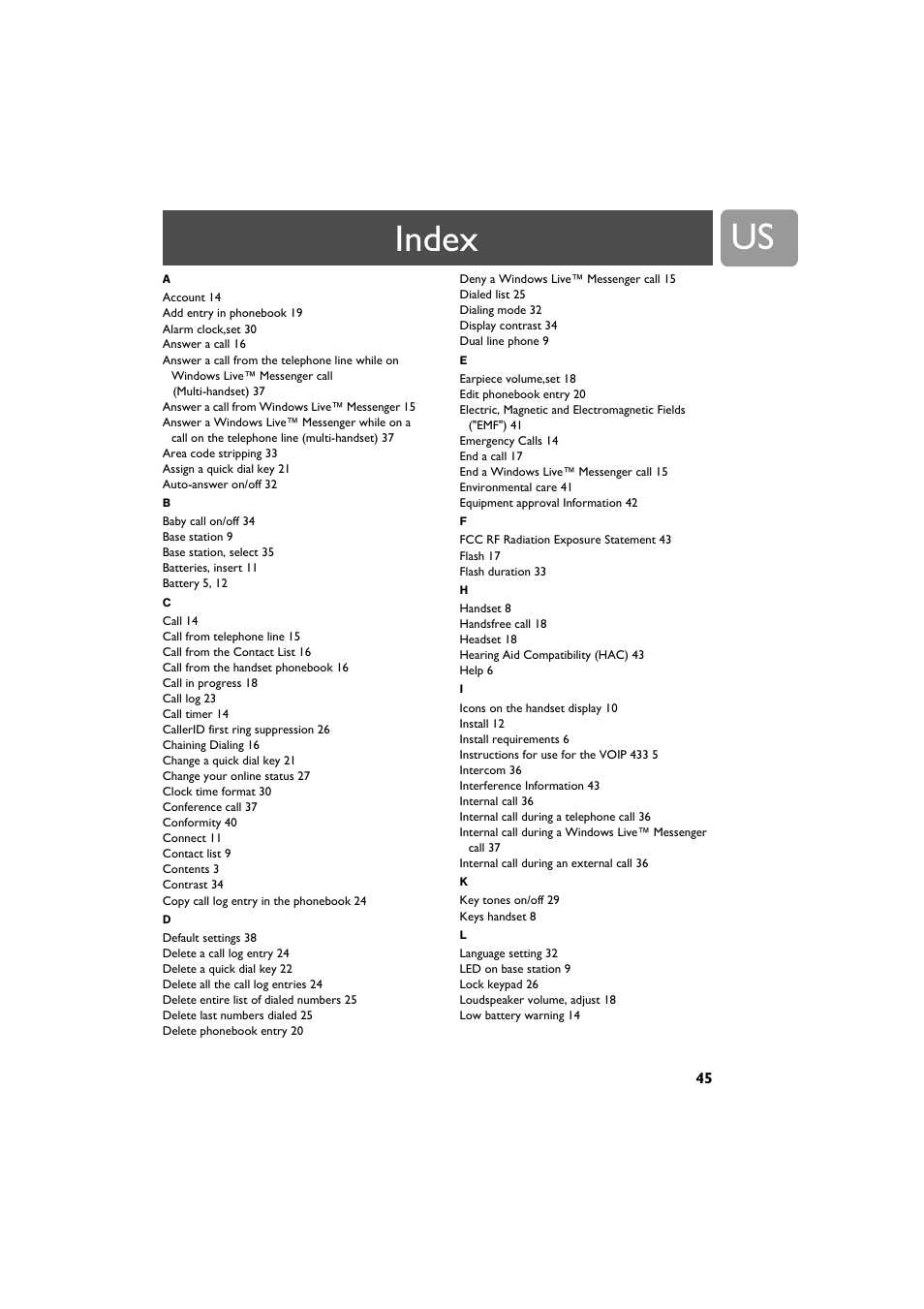 Index | Philips VOIP4332B-37 User Manual | Page 45 / 48