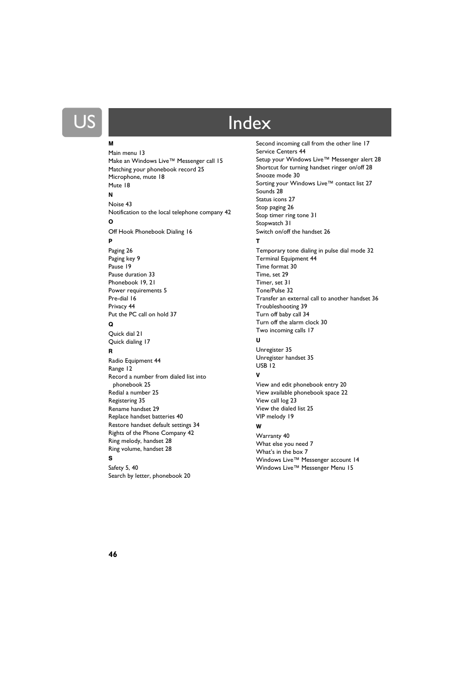 Index | Philips VOIP4332B-37 User Manual | Page 46 / 48