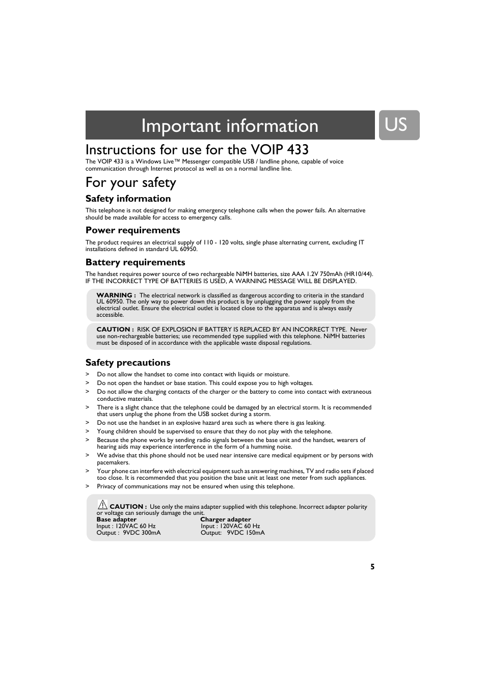 Important information, Instructions for use for the voip 433, For your safety | Safety information, Power requirements, Battery requirements, Safety precautions | Philips VOIP4332B-37 User Manual | Page 5 / 48