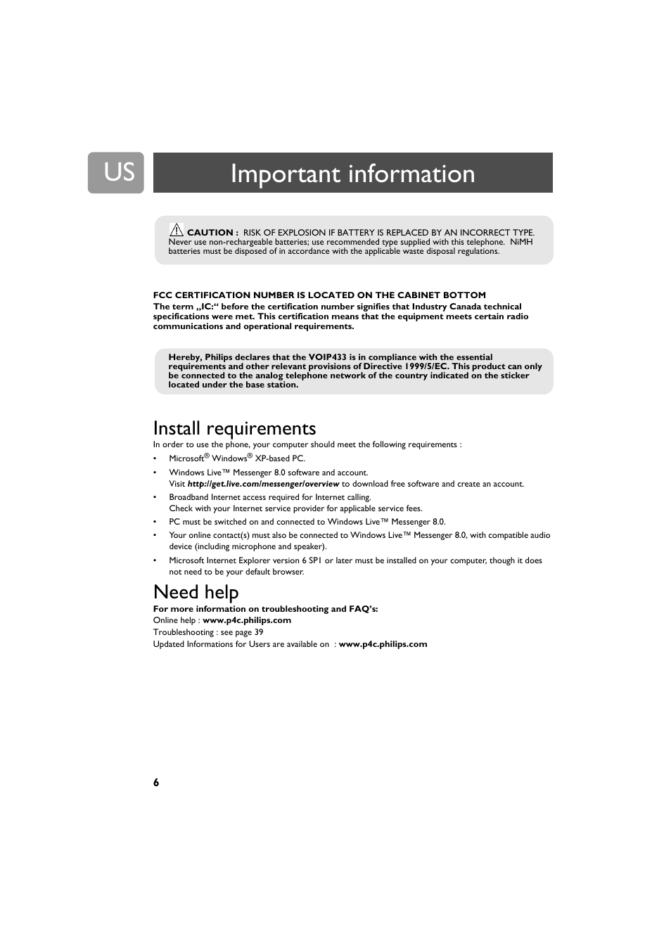 Install requirements, Need help, Important information | Philips VOIP4332B-37 User Manual | Page 6 / 48