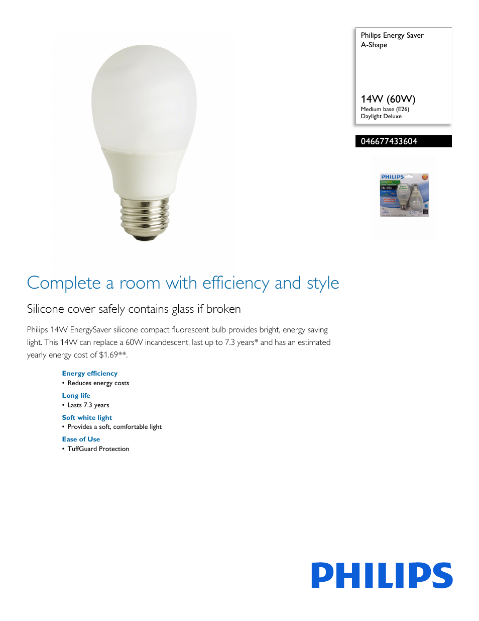 Philips Energy Saver A-Shape 046677433604 14W 60W Medium base E26 Daylight Deluxe User Manual | 2 pages