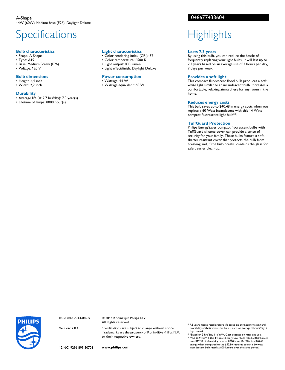 Specifications, Highlights | Philips Energy Saver A-Shape 046677433604 14W 60W Medium base E26 Daylight Deluxe User Manual | Page 2 / 2