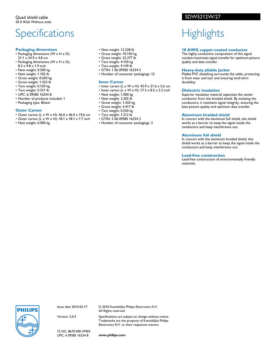 Specifications, Highlights | Philips SDW5212W-27 User Manual | Page 2 / 2