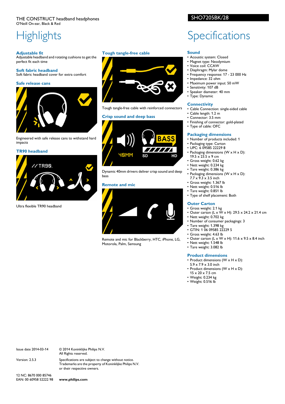 Highlights, Specifications | Philips SHO7205BK-28 User Manual | Page 2 / 2