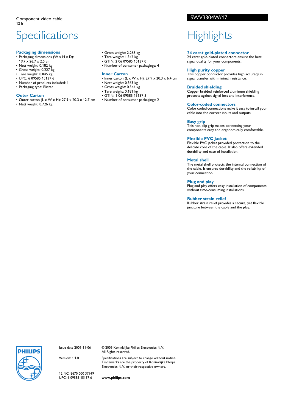 Specifications, Highlights | Philips SWV3304W-17 User Manual | Page 2 / 2