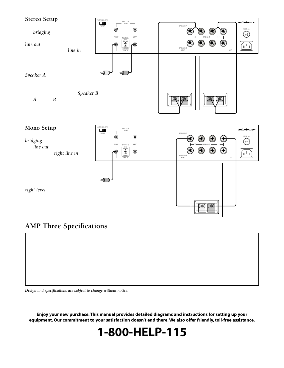Amp three specifications, Stereo setup, Mono setup | AudioSource AMP Three User Manual | Page 3 / 4