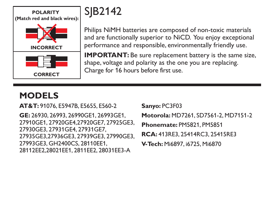 Philips Cordless phone battery SJB2142 NiMH 3.6V 750mAh User Manual | 1 page