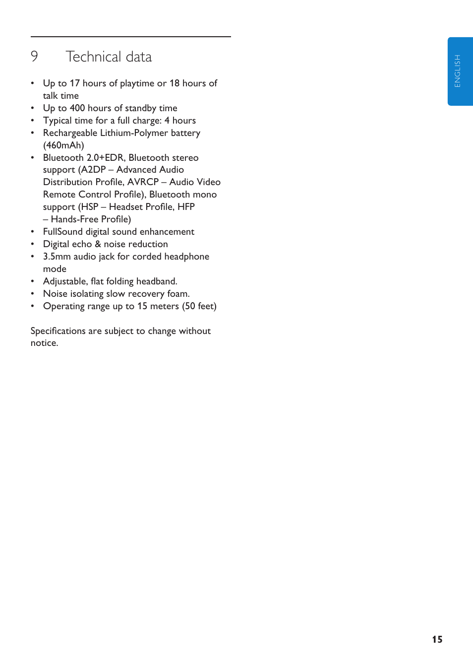 9 technical data | Philips SHB9001WT-00 User Manual | Page 15 / 18