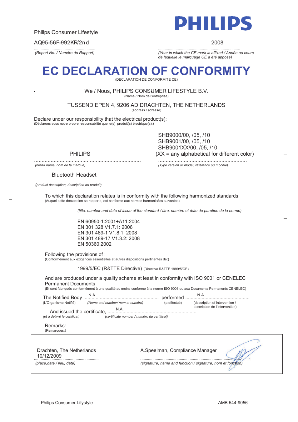 Ec declaration of conformity | Philips SHB9001WT-00 User Manual | Page 18 / 18