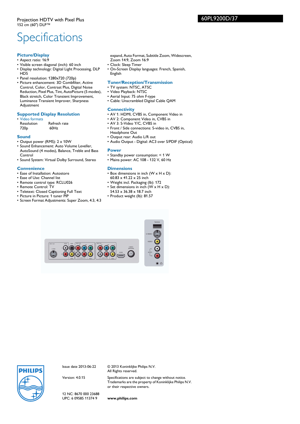 Specifications | Philips 60PL9200D-37 User Manual | Page 3 / 3