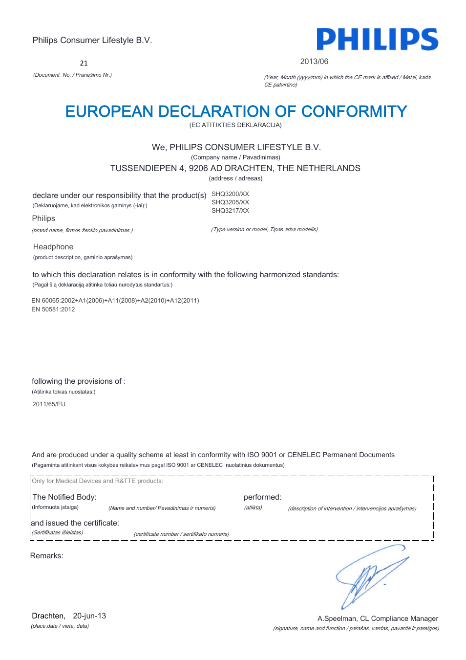 European declaration of conformity | Philips SHQ3200PP-28 User Manual | Page 11 / 21