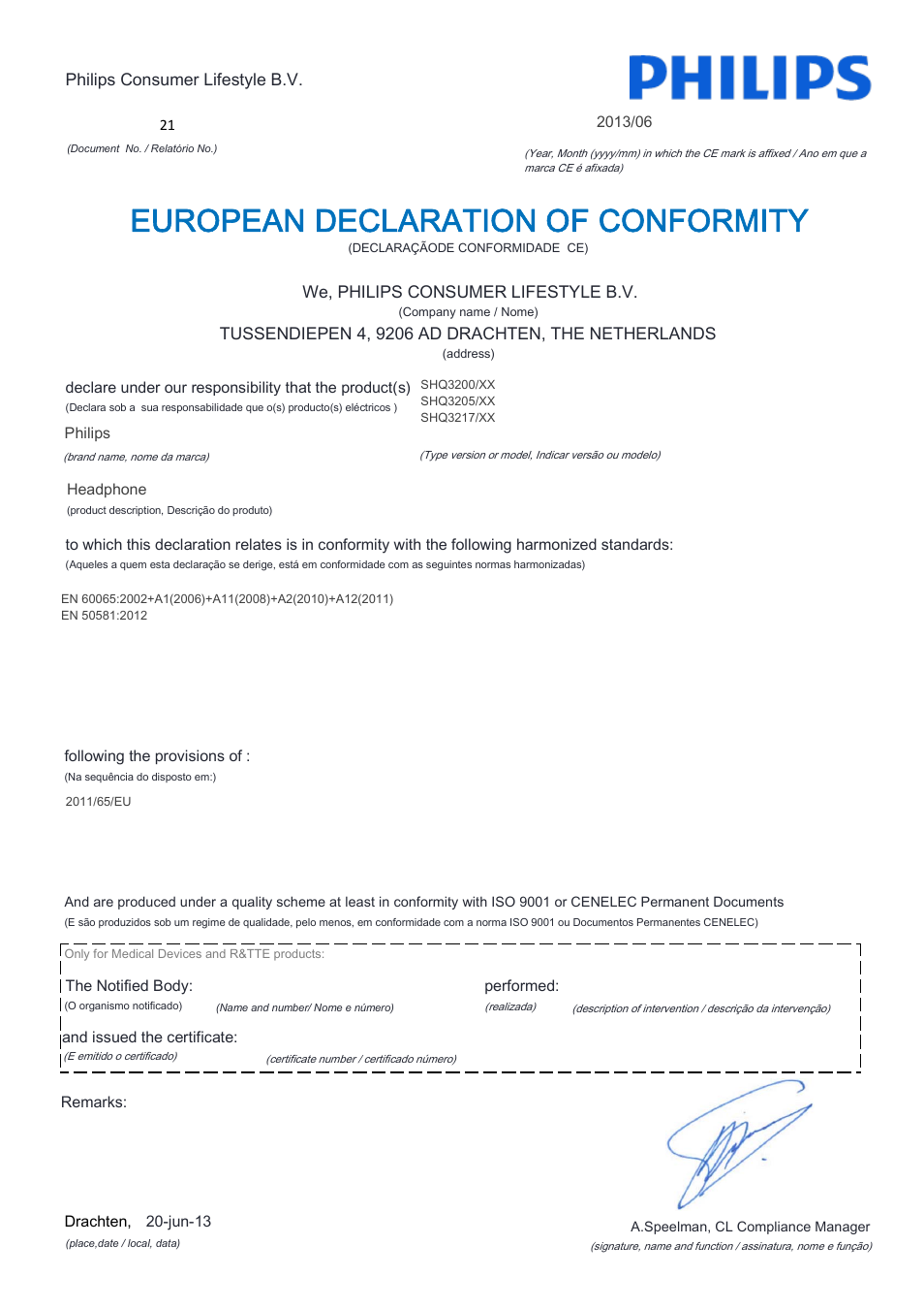 European declaration of conformity | Philips SHQ3200PP-28 User Manual | Page 14 / 21