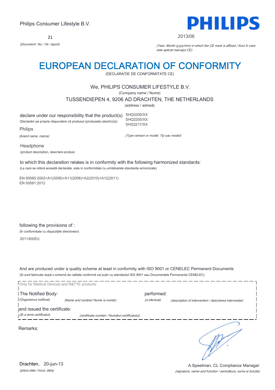 European declaration of conformity | Philips SHQ3200PP-28 User Manual | Page 15 / 21