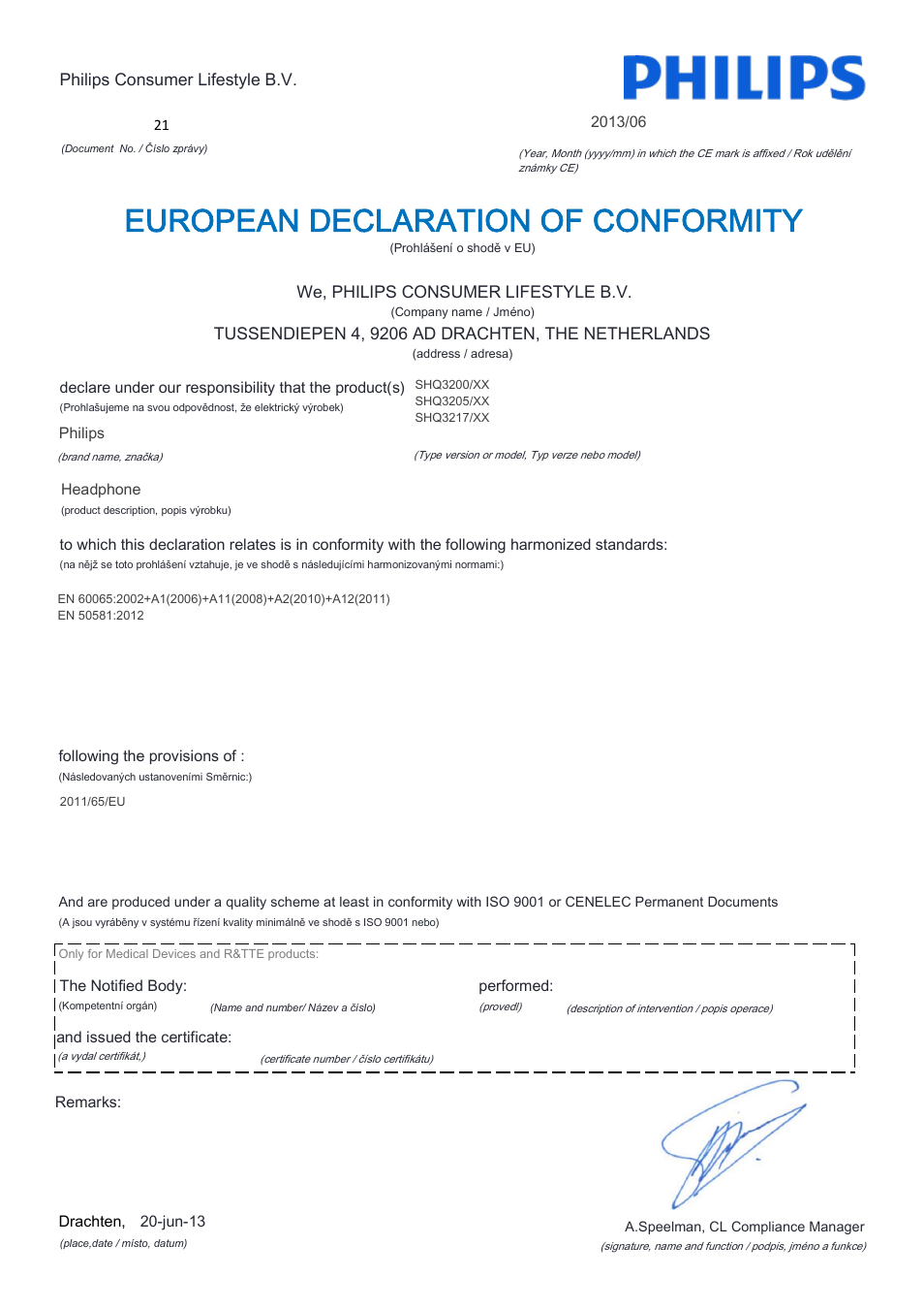 European declaration of conformity | Philips SHQ3200PP-28 User Manual | Page 5 / 21