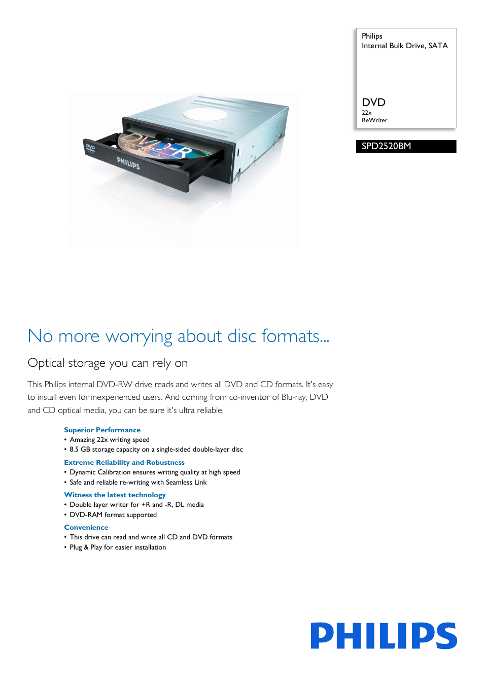 Philips Internal Bulk Drive SATA SPD2520BM DVD 22x ReWriter User Manual | 2 pages