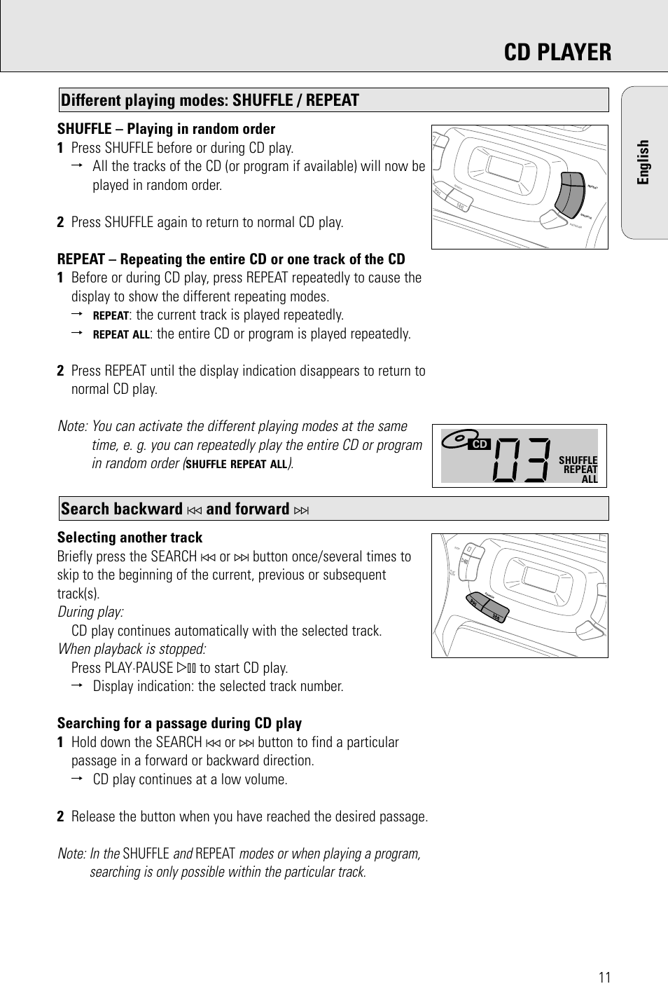 Cd player, Search backward, And forward | Different playing modes: shuffle / repeat, During play, When playback is stopped | Philips PORTABLE RADIO CASS REC + CD User Manual | Page 11 / 48