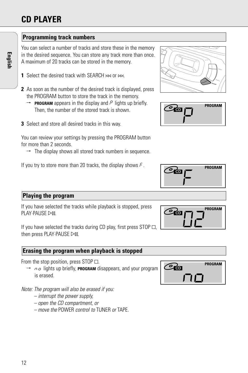 Cd player, Erasing the program when playback is stopped, Playing the program | Programming track numbers | Philips PORTABLE RADIO CASS REC + CD User Manual | Page 12 / 48