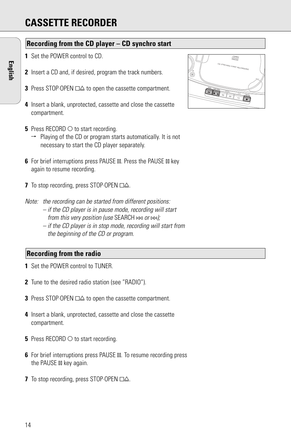 Cassette recorder, Recording from the radio, Recording from the cd player – cd synchro start | Philips PORTABLE RADIO CASS REC + CD User Manual | Page 14 / 48