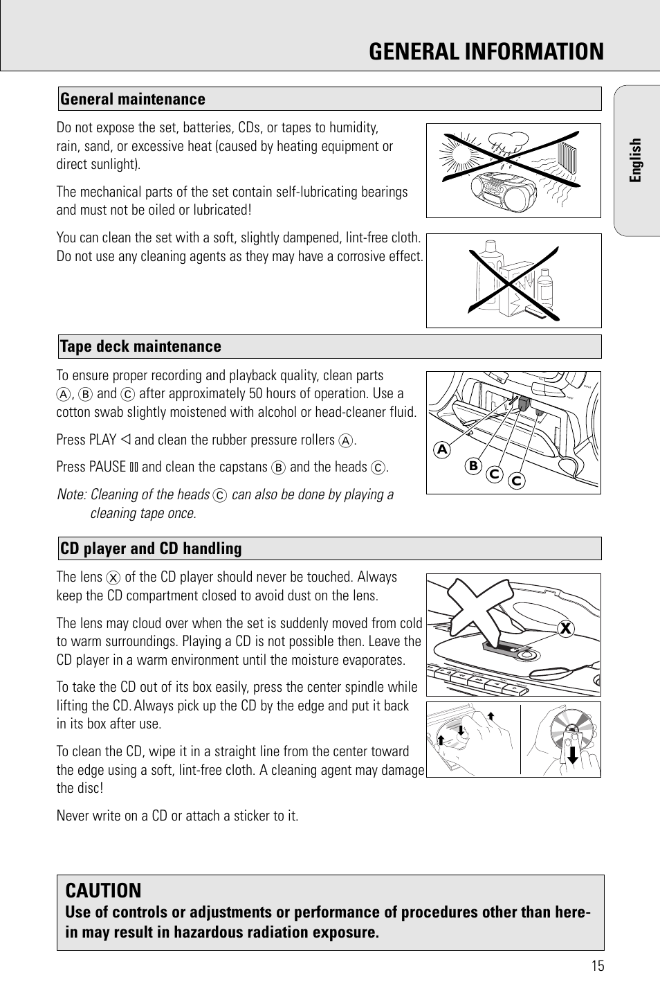 General information, Caution, Cd player and cd handling | Tape deck maintenance general maintenance, Can also be done by playing a cleaning tape once | Philips PORTABLE RADIO CASS REC + CD User Manual | Page 15 / 48