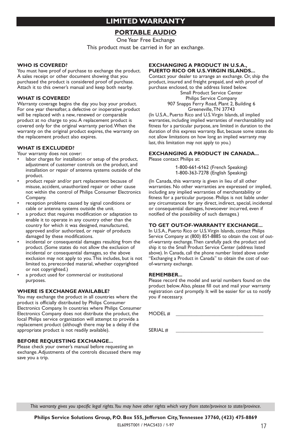 Limited warranty, 17 portable audio | Philips PORTABLE RADIO CASS REC + CD User Manual | Page 17 / 48