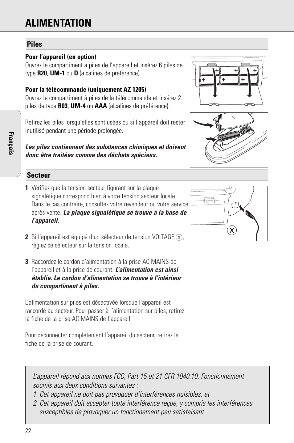 Alimentation | Philips PORTABLE RADIO CASS REC + CD User Manual | Page 22 / 48