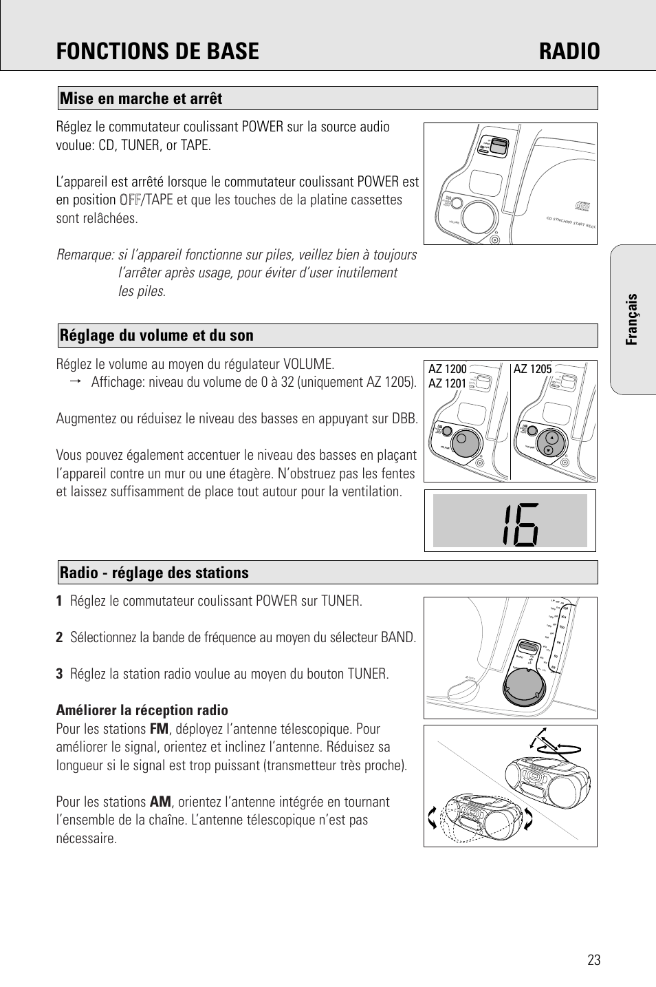 Fonctions de base radio, Radio - réglage des stations, Réglage du volume et du son | Mise en marche et arrêt, Français | Philips PORTABLE RADIO CASS REC + CD User Manual | Page 23 / 48