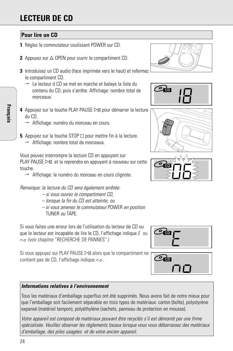 Lecteur de cd, Pour lire un cd, En position | Informations relatives à l’environnement, Power, Tuner | Philips PORTABLE RADIO CASS REC + CD User Manual | Page 24 / 48