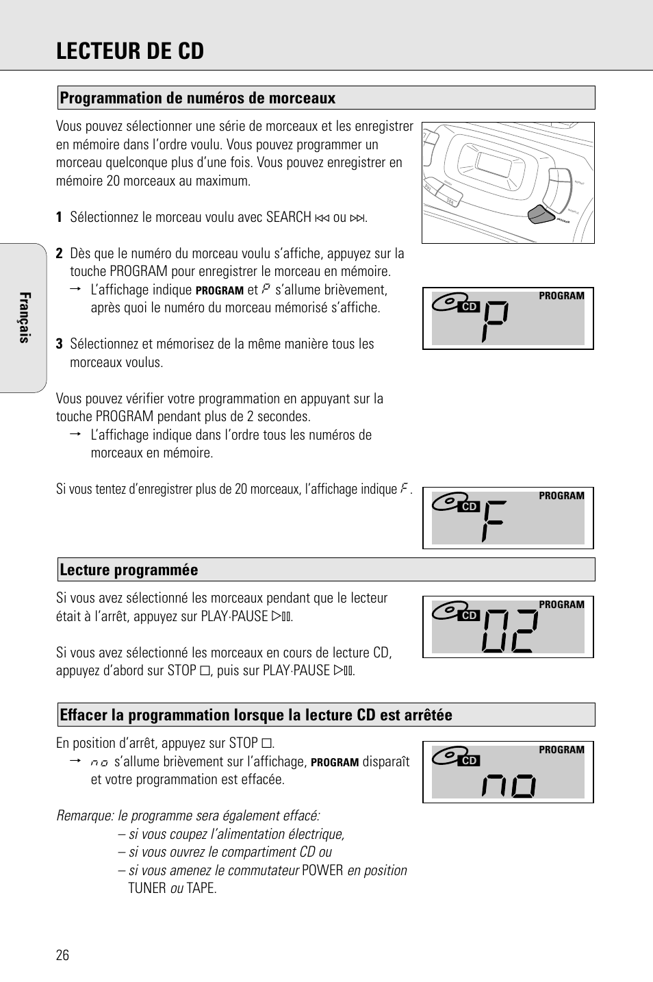 Lecteur de cd, Lecture programmée, Programmation de numéros de morceaux | Philips PORTABLE RADIO CASS REC + CD User Manual | Page 26 / 48