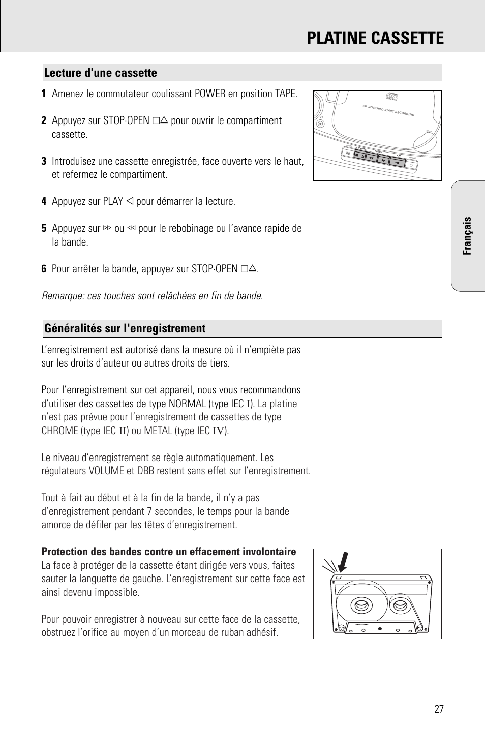Platine cassette, Généralités sur l'enregistrement, Lecture d'une cassette | Français | Philips PORTABLE RADIO CASS REC + CD User Manual | Page 27 / 48