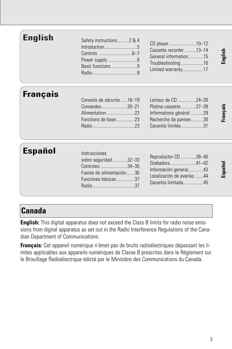 English français español, Canada | Philips PORTABLE RADIO CASS REC + CD User Manual | Page 3 / 48