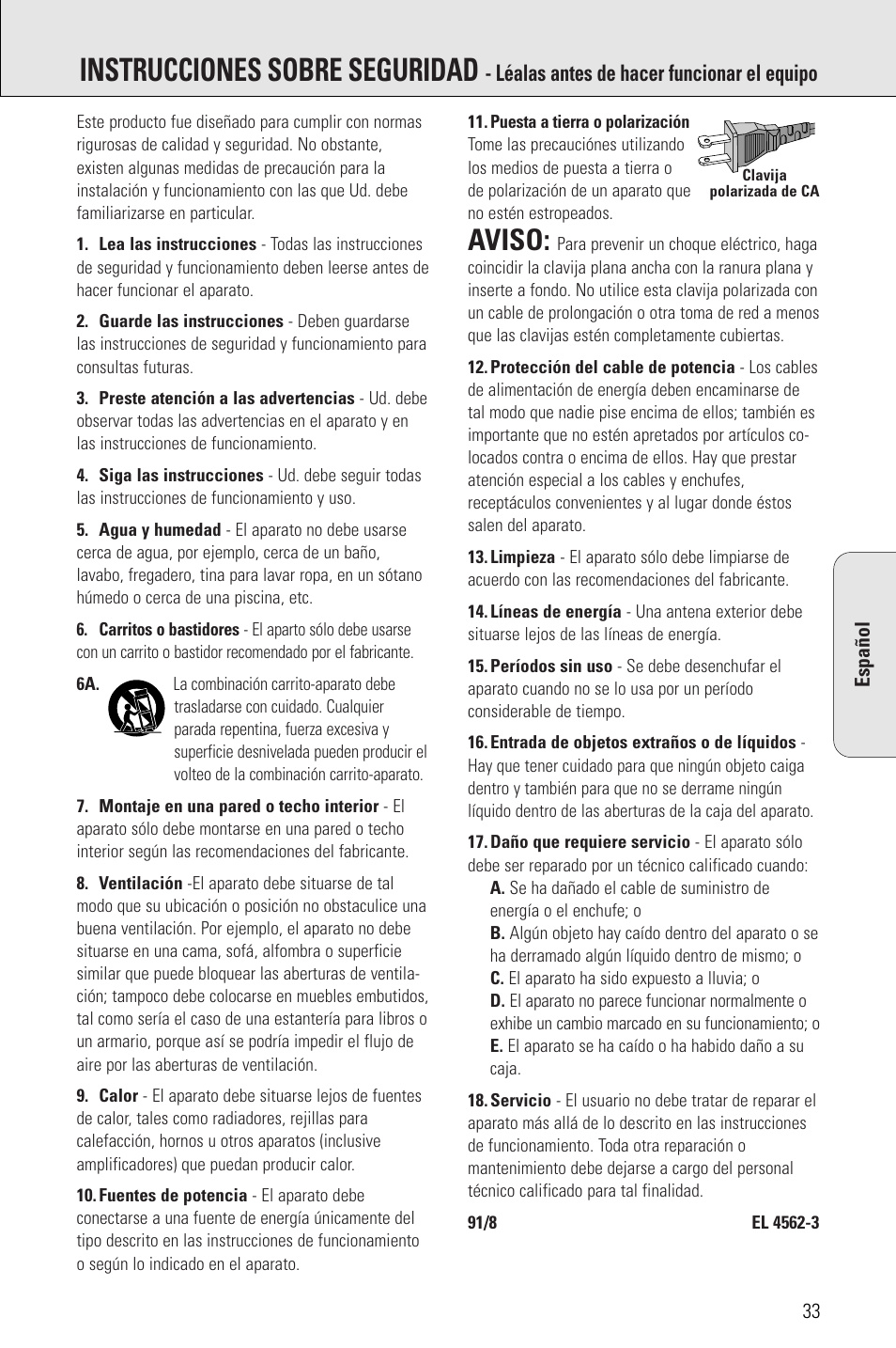 Instrucciones sobre seguridad, Aviso, Léalas antes de hacer funcionar el equipo | Philips PORTABLE RADIO CASS REC + CD User Manual | Page 33 / 48