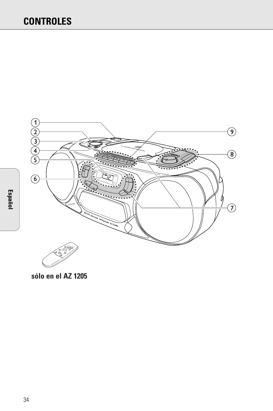 Controles, Sólo en el az 1205, 34 español | Mw lw fm, Re pe at search vo lu me sto p shu ffle sear ch | Philips PORTABLE RADIO CASS REC + CD User Manual | Page 34 / 48