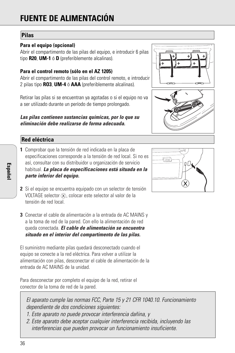 Fuente de alimentación | Philips PORTABLE RADIO CASS REC + CD User Manual | Page 36 / 48