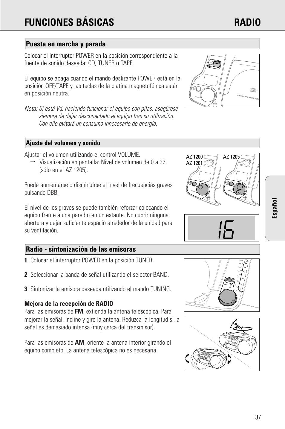 Funciones básicas radio, Radio - sintonización de las emisoras, Puesta en marcha y parada | Ajuste del volumen y sonido | Philips PORTABLE RADIO CASS REC + CD User Manual | Page 37 / 48