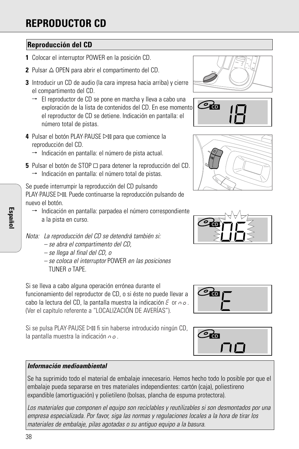 Reproductor cd, Reproducción del cd, En las posiciones | Información medioambiental, Power, Tuner | Philips PORTABLE RADIO CASS REC + CD User Manual | Page 38 / 48