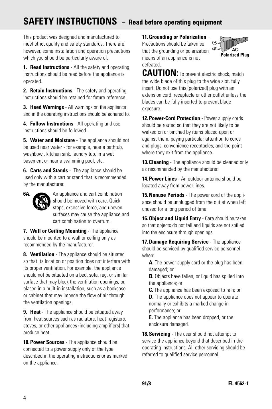 Safety instructions, Caution, Read before operating equipment | Philips PORTABLE RADIO CASS REC + CD User Manual | Page 4 / 48