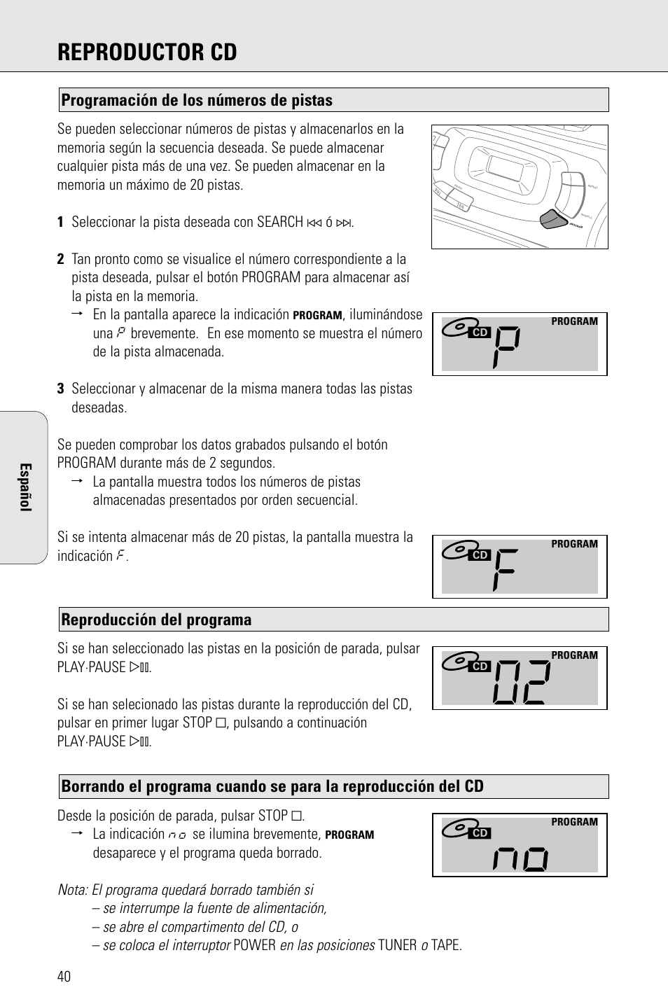 Reproductor cd, Reproducción del programa, Programación de los números de pistas | Philips PORTABLE RADIO CASS REC + CD User Manual | Page 40 / 48