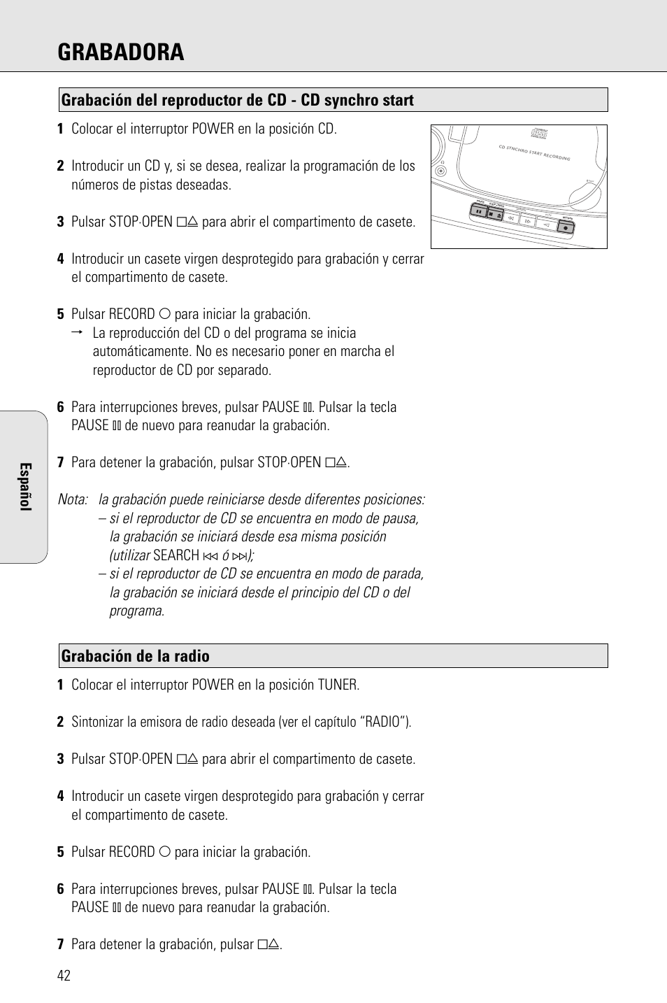 Grabadora, Grabación de la radio, Grabación del reproductor de cd - cd synchro start | Philips PORTABLE RADIO CASS REC + CD User Manual | Page 42 / 48