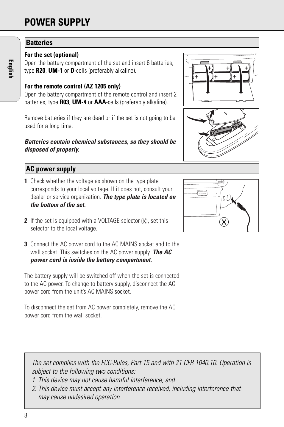 Power supply | Philips PORTABLE RADIO CASS REC + CD User Manual | Page 8 / 48