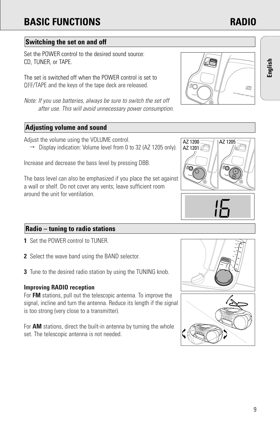 Basic functions radio, Radio – tuning to radio stations, Adjusting volume and sound | Switching the set on and off, English | Philips PORTABLE RADIO CASS REC + CD User Manual | Page 9 / 48